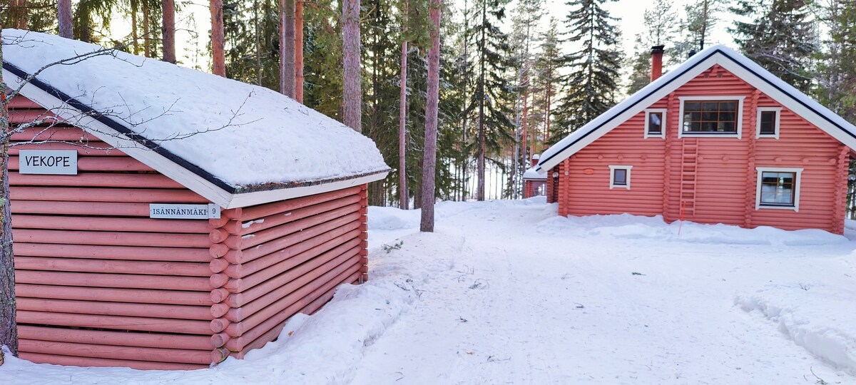 Suuri hirsimökki luonnon keskellä