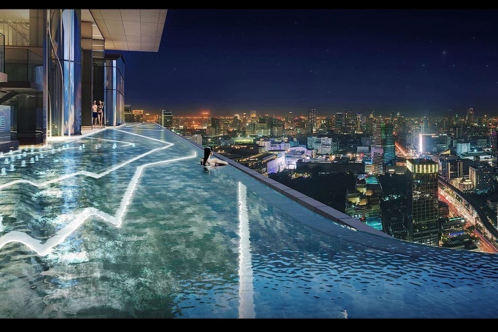 Q❸曼谷市中心两房一厅！顶楼360度无边游泳池！BTS+机场快线+步行四面佛、暹罗广场、杰特宁医院
