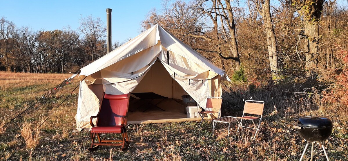 Onion Creek's hot tent under the grandfather oak.