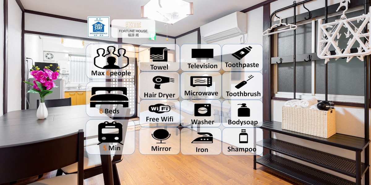 *Fortune house*天王寺西 直達難波日本橋天王寺 車站步行6分鐘 最大6人