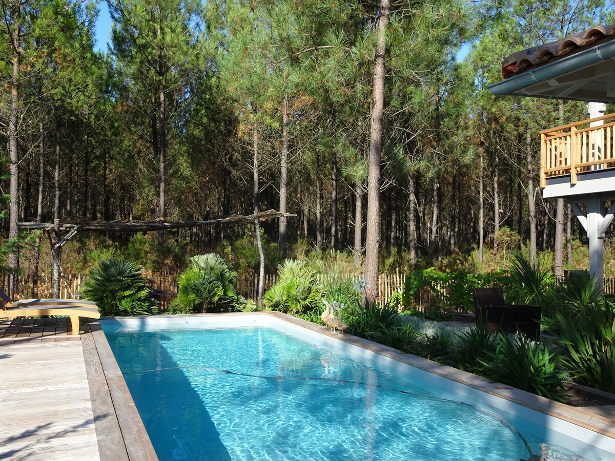 Villa en bois, style cap ferret, piscine Spa,