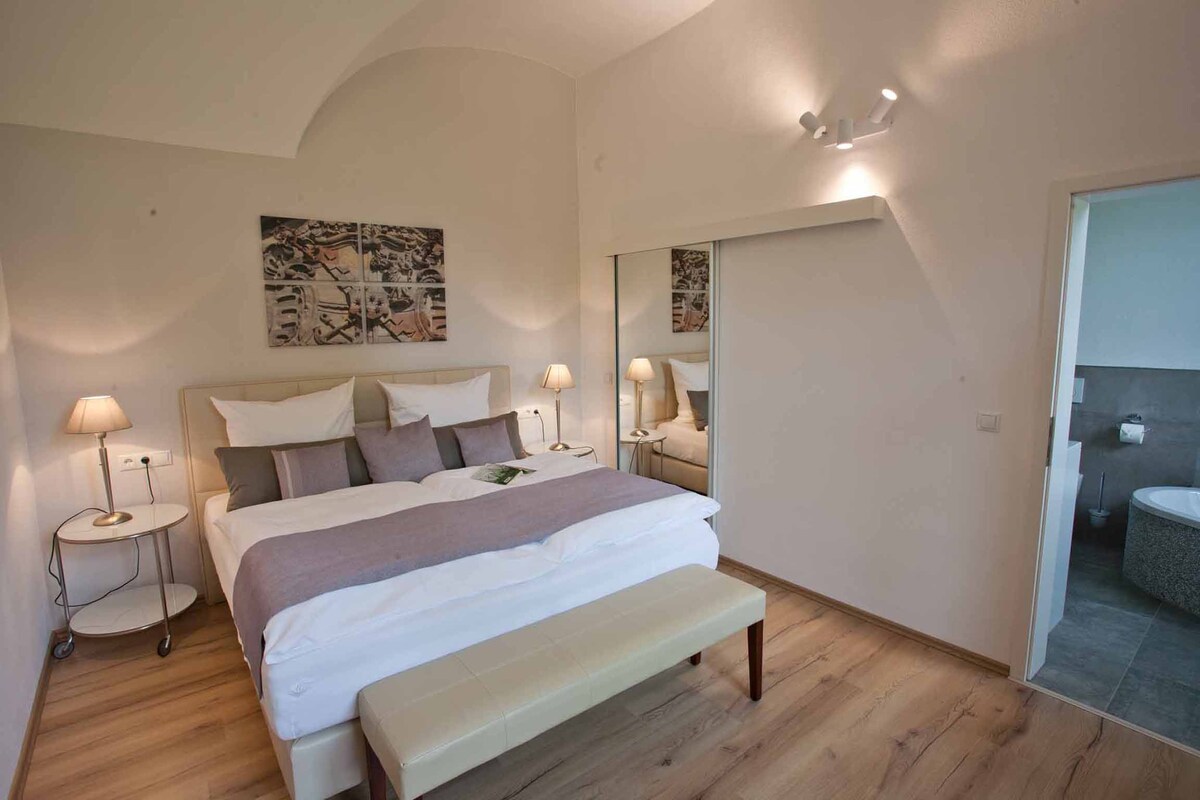 Ökonomiehof （ Lichtenfels ）度假公寓Kloster套房，配备淋浴和两个露台