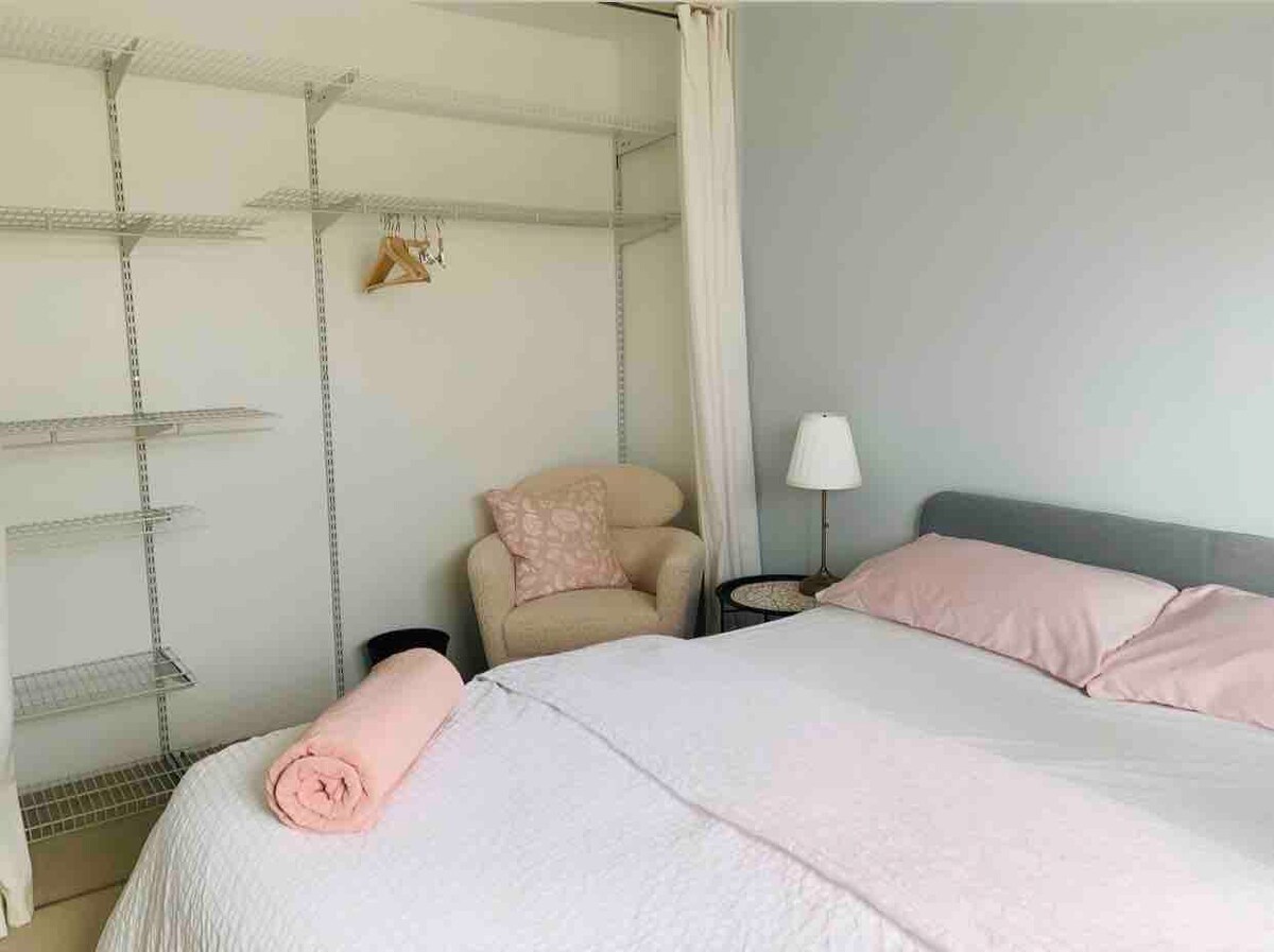 Female only private queen bedroom, shared bathroom