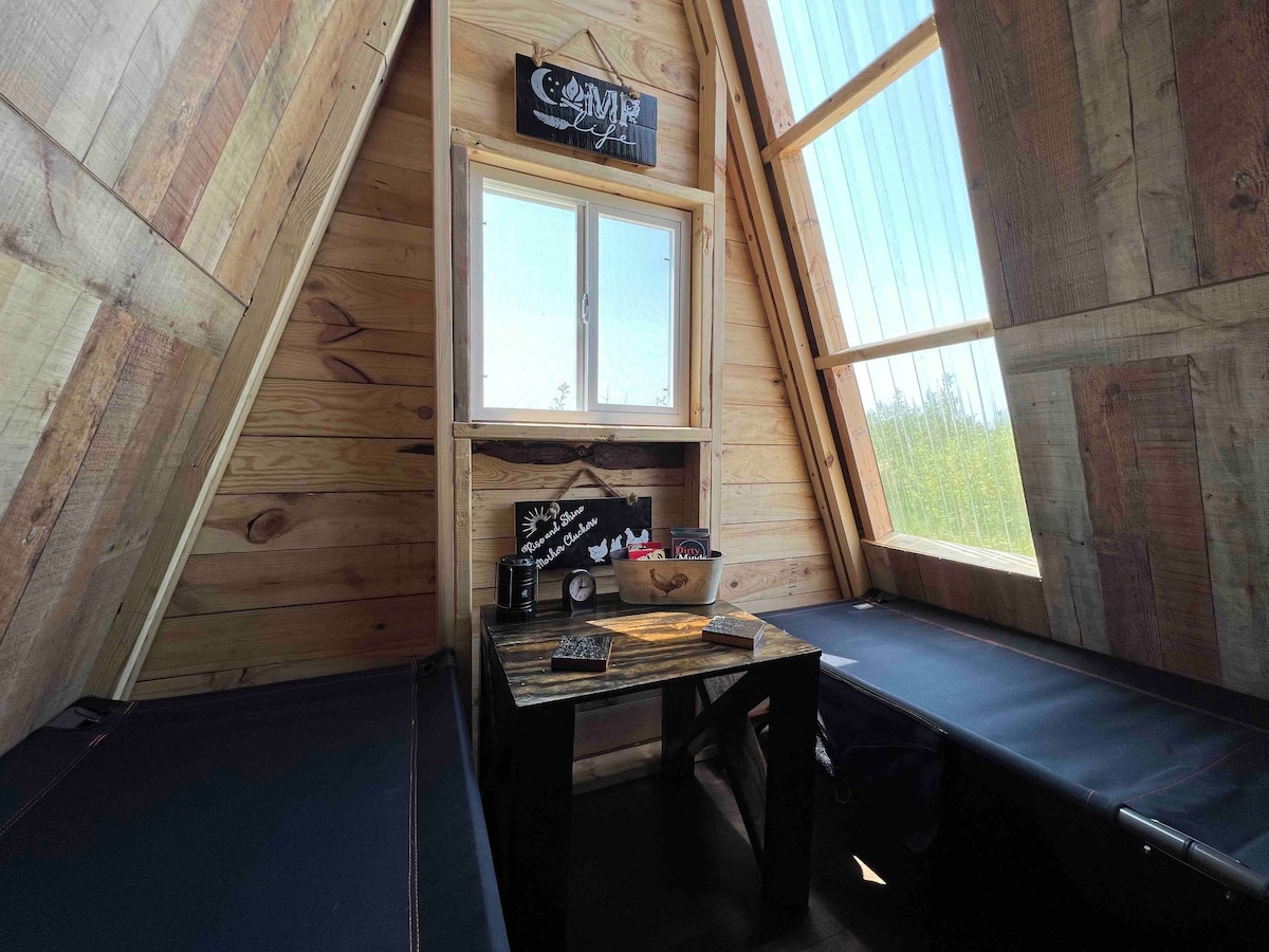 Rustic A-frame cabin experience at Sunset camp