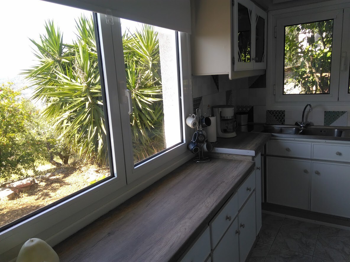 House with fruit trees, olive trees, and sea view.