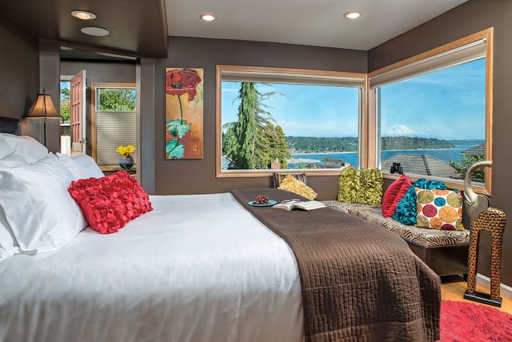 Cottage Bedroom with a view of the Puget Sound and Mount Rainier.
Cal. King Bed