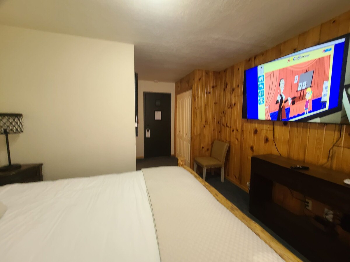 幽灵酒店客房。1张标准双人床和独立卫生间。