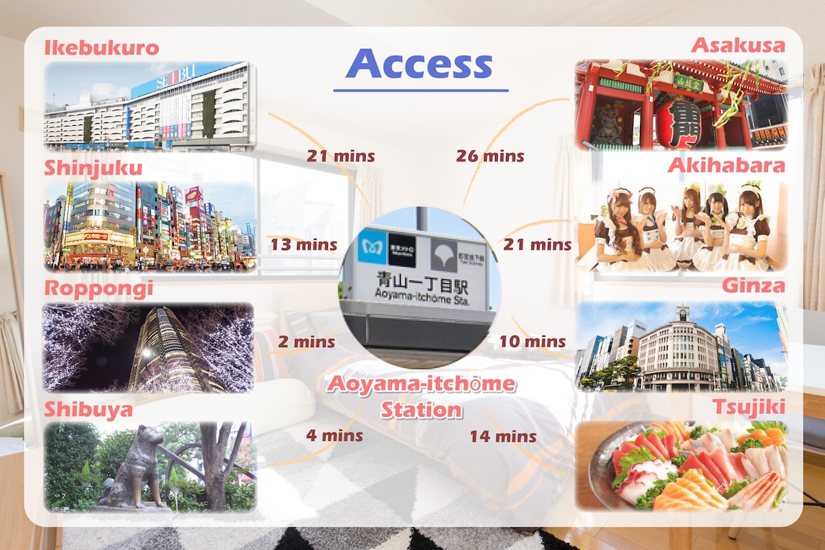 青山一丁目站步行3分钟/六本木站2分钟・涩谷站5分钟/最多容纳3人/WiFi/欢迎长期住宿/公寓4楼
