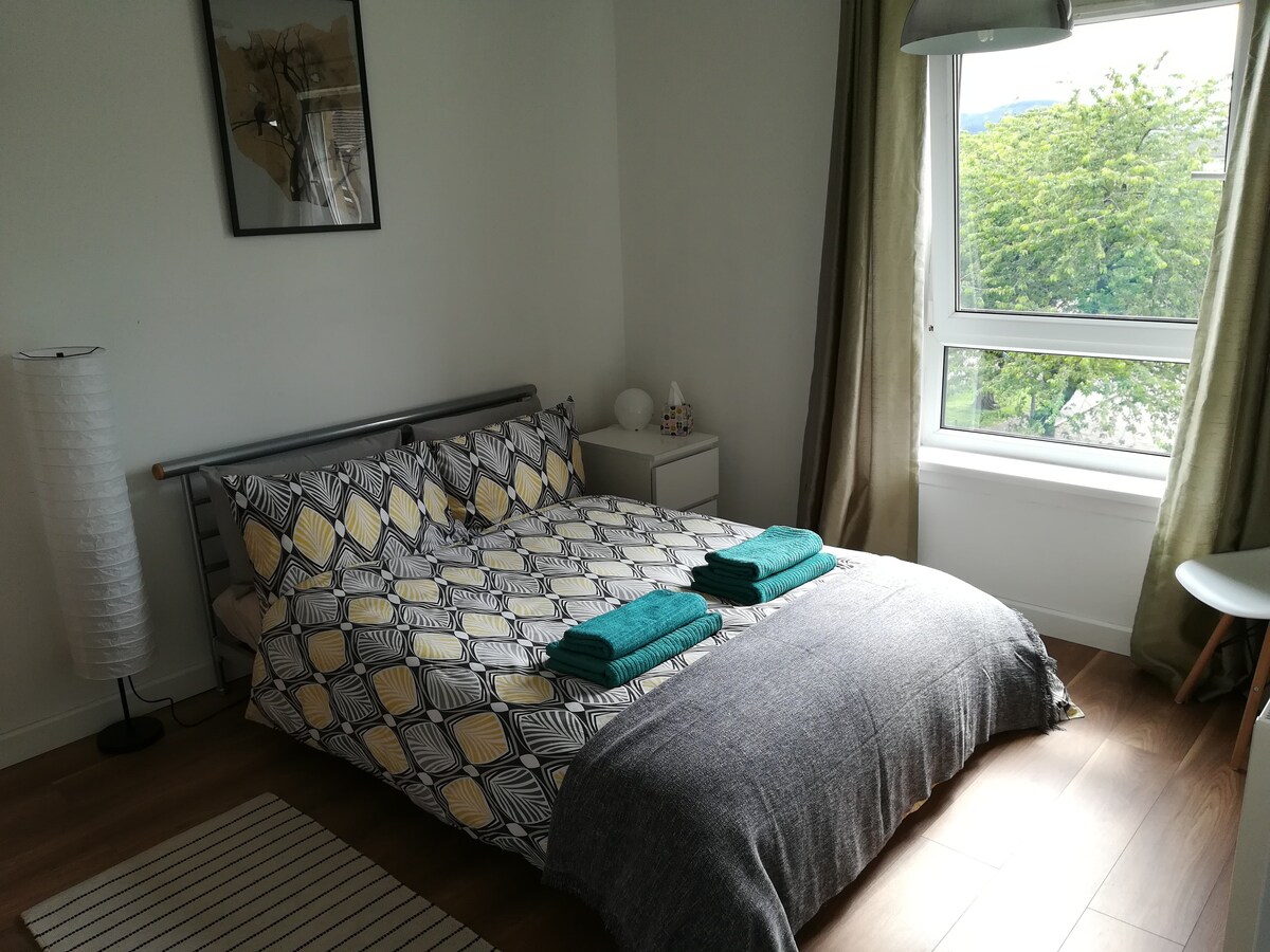 现代化公寓内明亮宽敞的双人床卧室