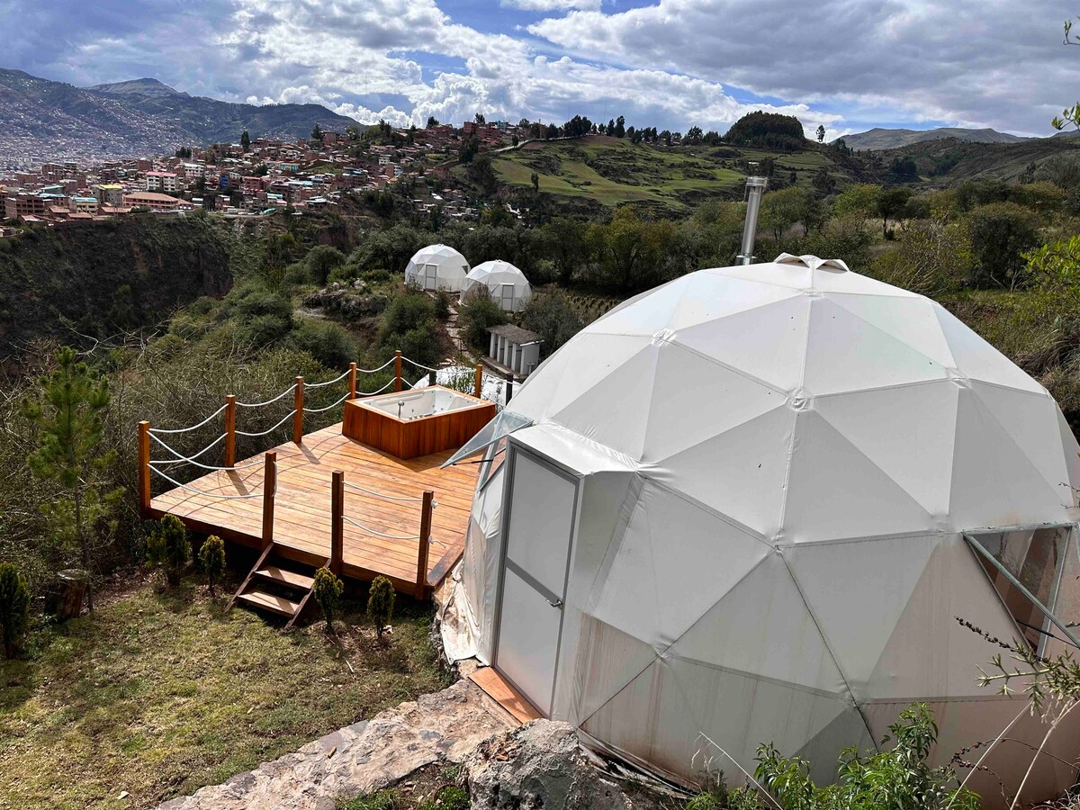 Glamping Sky Lodge Domes view of Cusco City