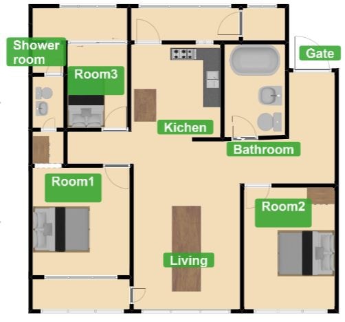 整套房子： 3间客房+ 2个卫生间+客厅