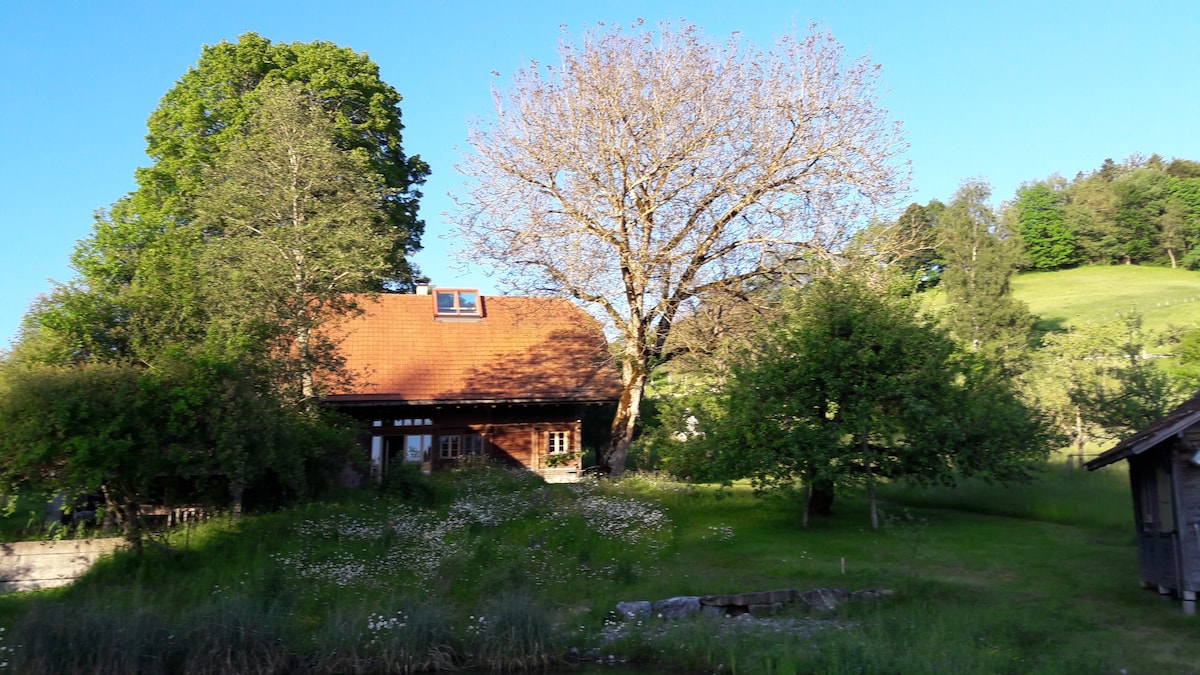 自然公园Gantrisch、池塘和桑拿房中的农舍