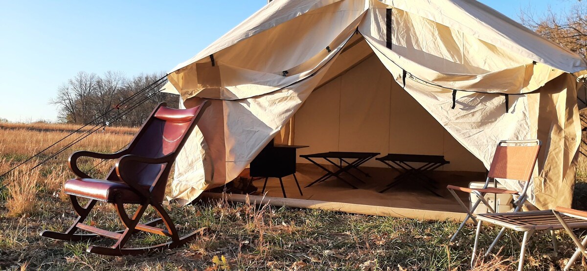 Onion Creek's hot tent under the grandfather oak.