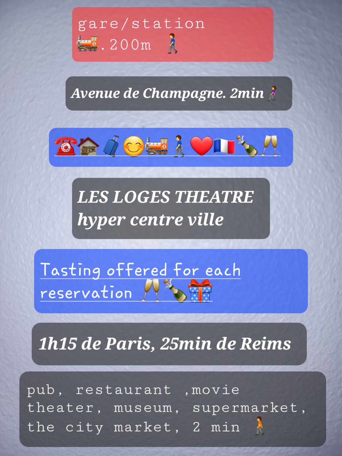 Loge 3 du théâtre. 2 ch. Dégustation champ offerte