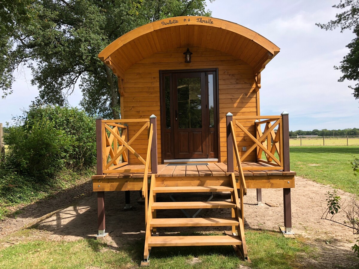 Maison/roulotte avec jardin et vue étangs/forêt