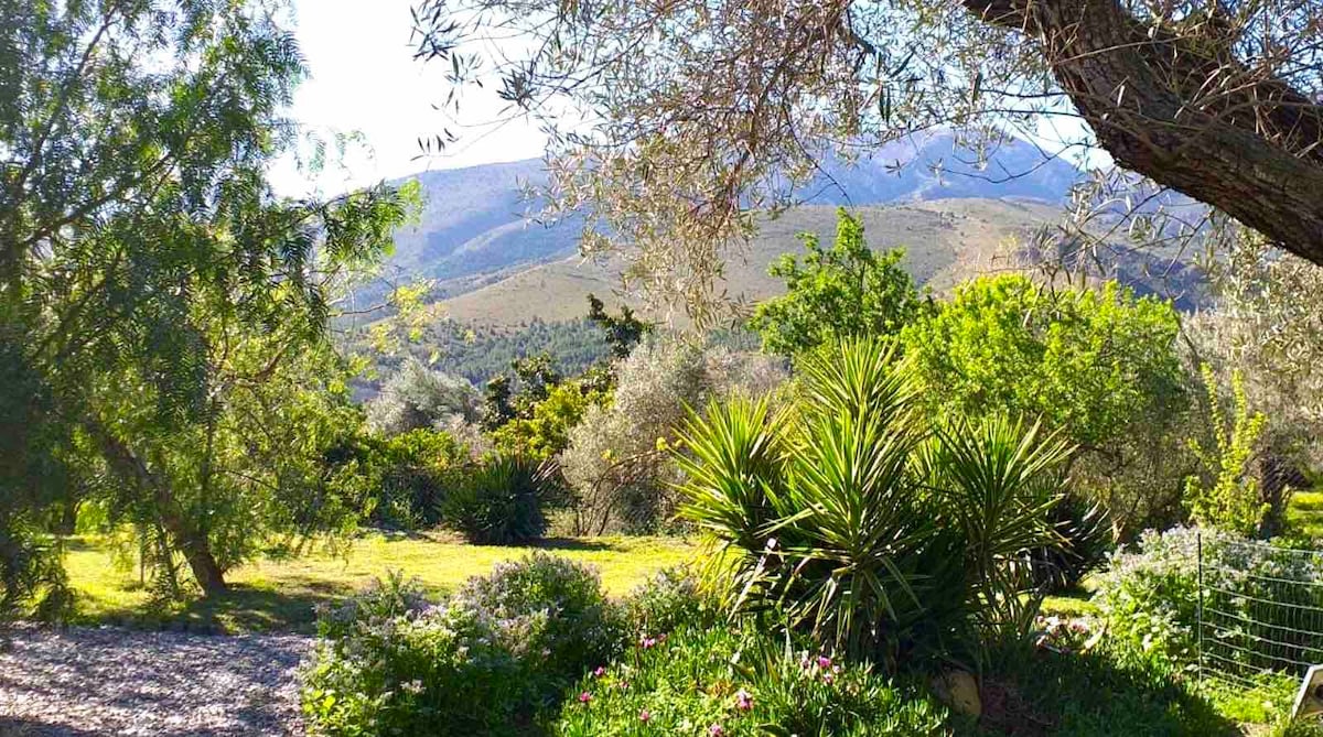 Cortijo con piscina rodeado de montañas.