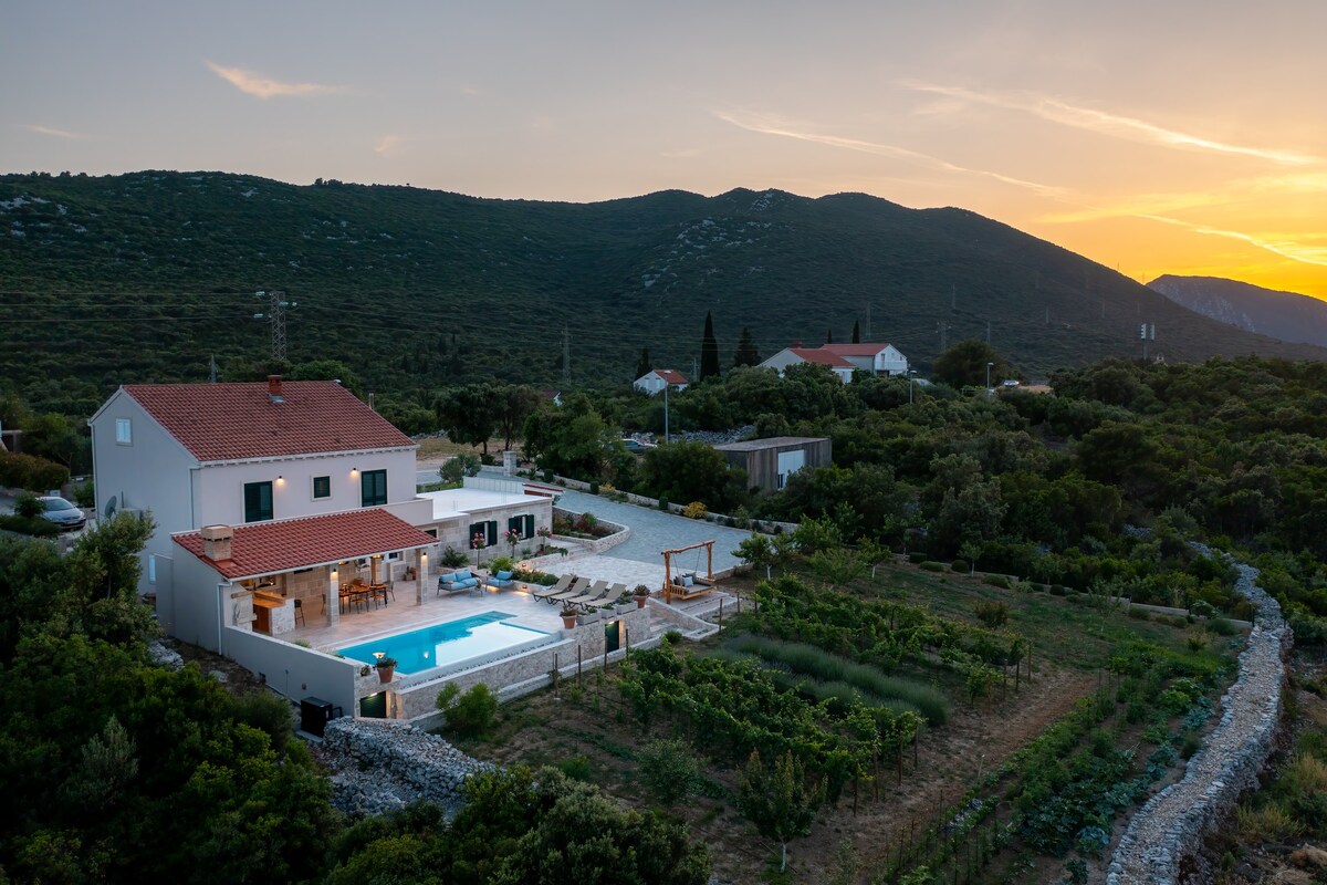 Villa with infinity pool and a garden, Ston
