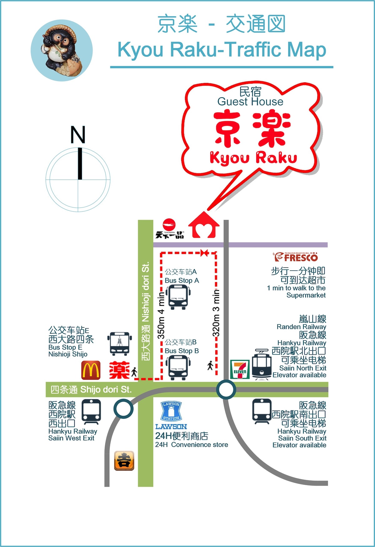 一軒家貸切阪急線西院駅から徒歩4分 8名様迄、京都中心部アクセス抜群！