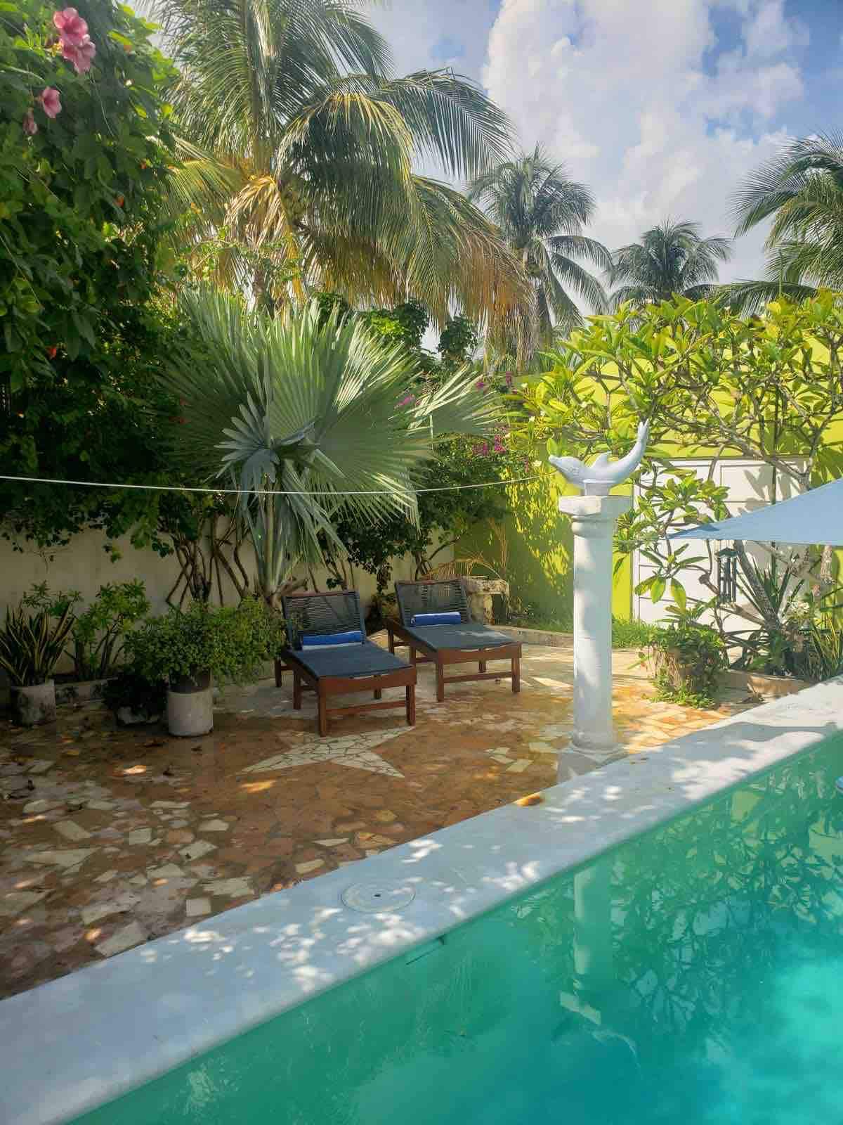 Seaside Serenity Yucatán ，海滩景观和泳池。