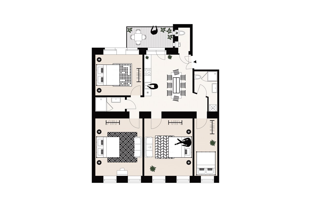 宽敞的4卧室公寓| 2.5个卫生间|住宿