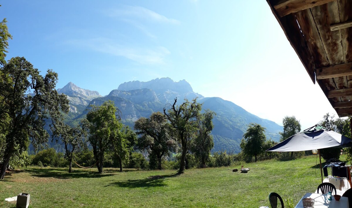 Ferme traditionnelle rénovée jardin vue Mont Blanc