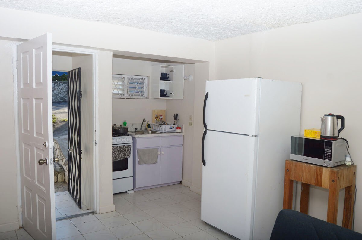 漂亮的加大双人套房，配有厨房、空调和冰箱