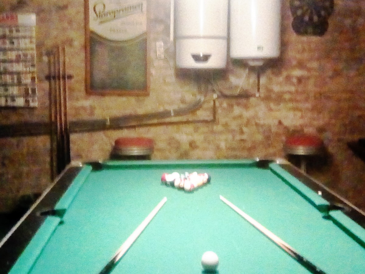 former pub , pool biliard table, soccer, beer tap