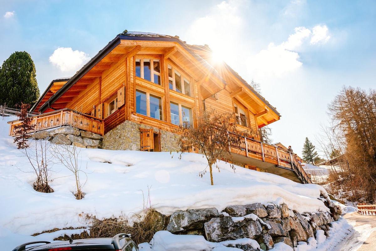 瑞士阿尔卑斯山美丽的度假木屋，配备热水浴