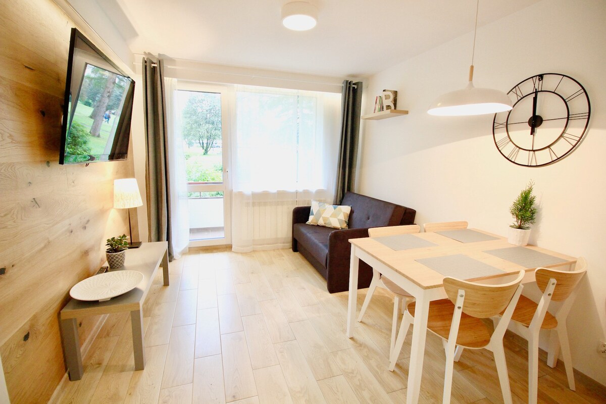 Central Apartment in park with mountain view.