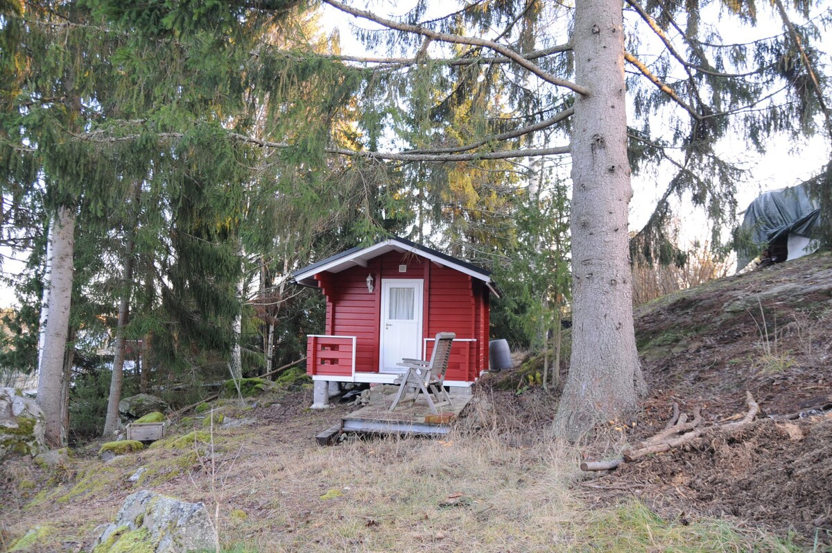 红色小屋，靠近云杉树。隔热和加热。