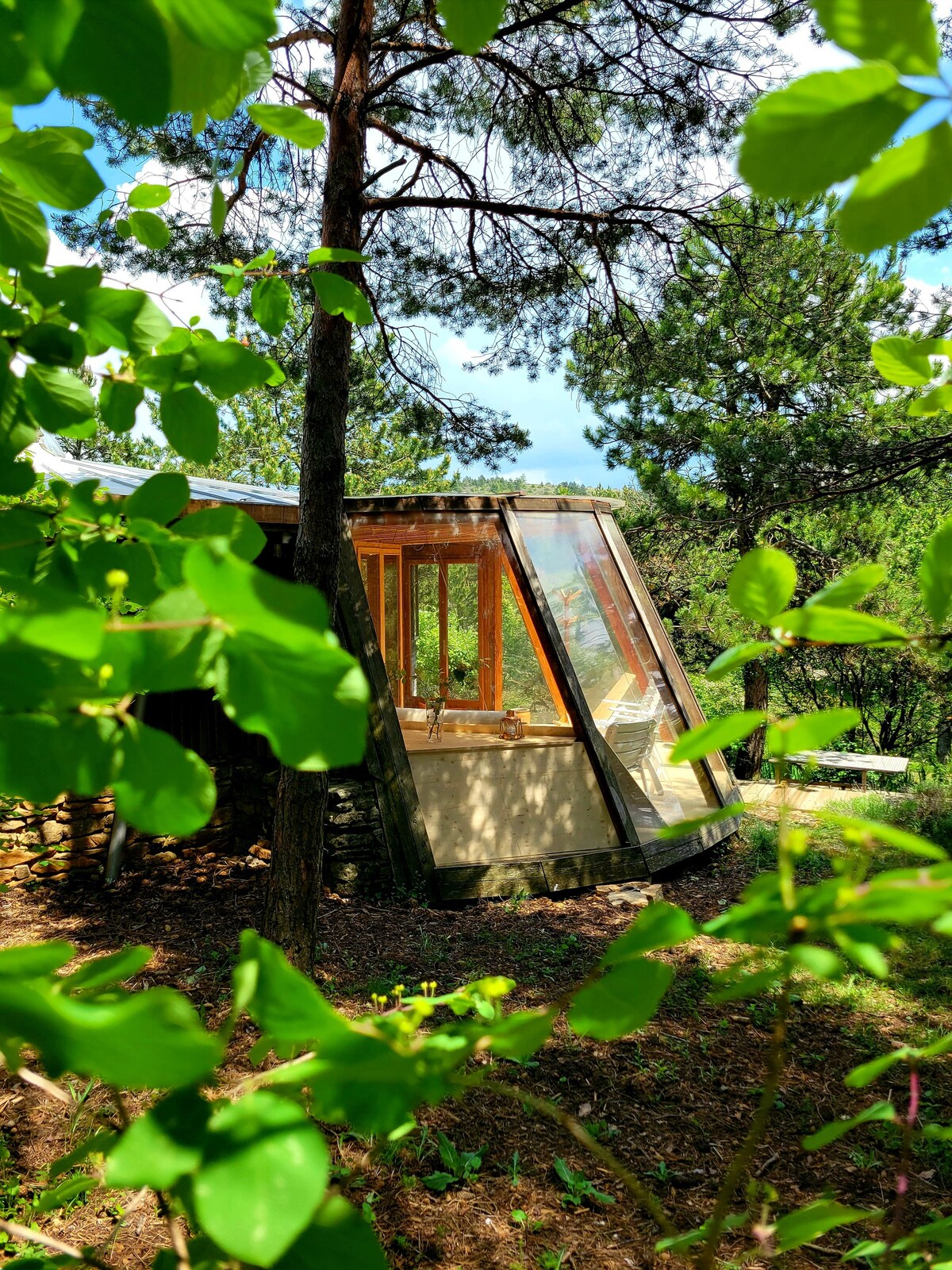 Une maison ronde, en bois, dans la nature.