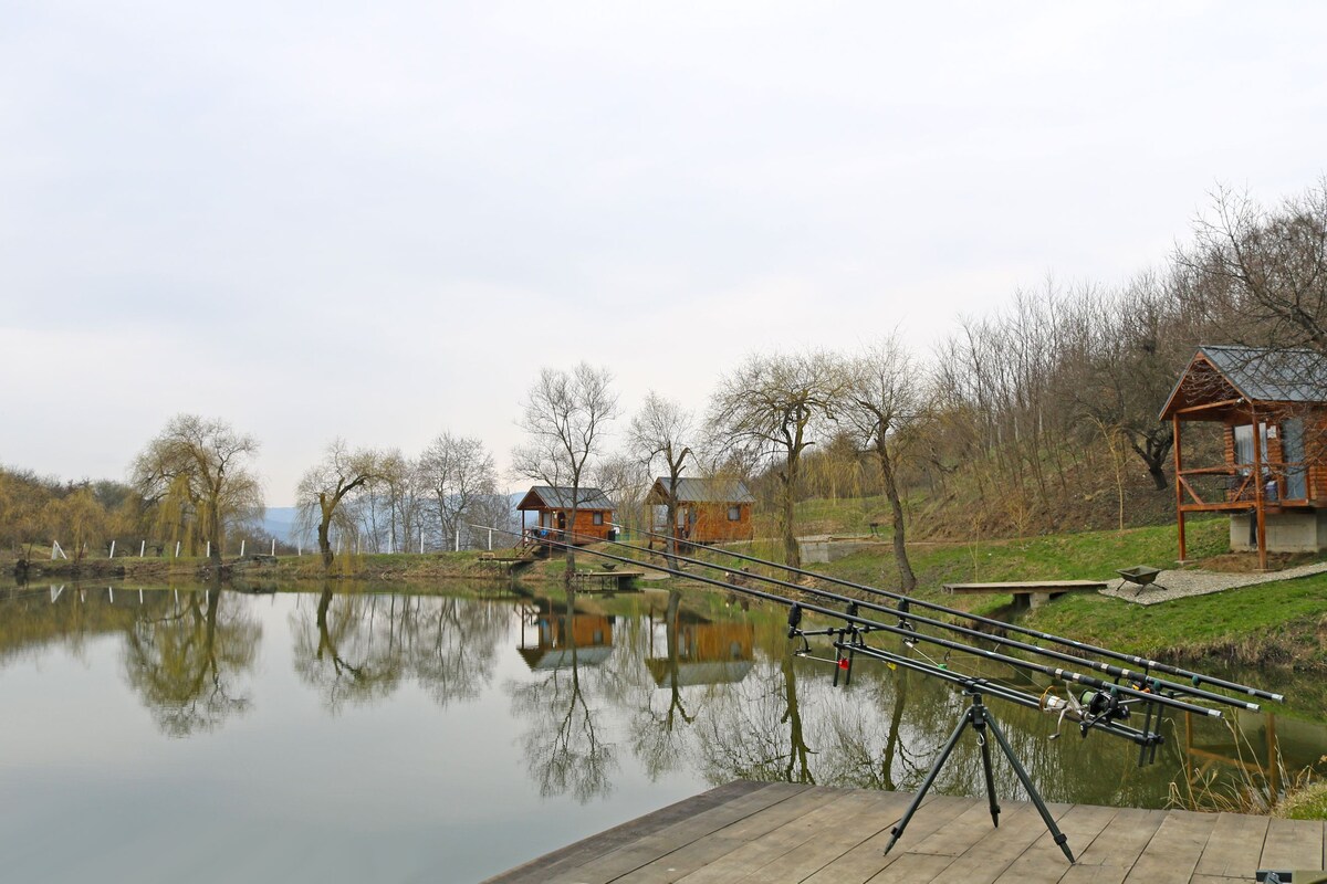 Casuta 1 cu terasa, vedere, ponton la lac