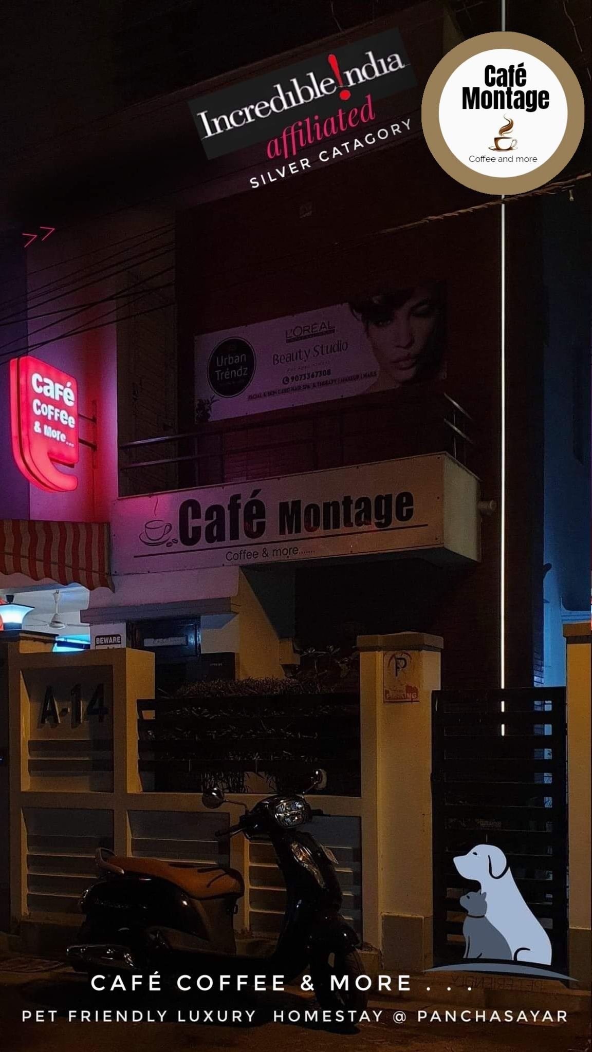 楼下提供免费停车位和室内宠物咖啡馆的Montage Homestay （与Incredibleindia有联系的民宿）