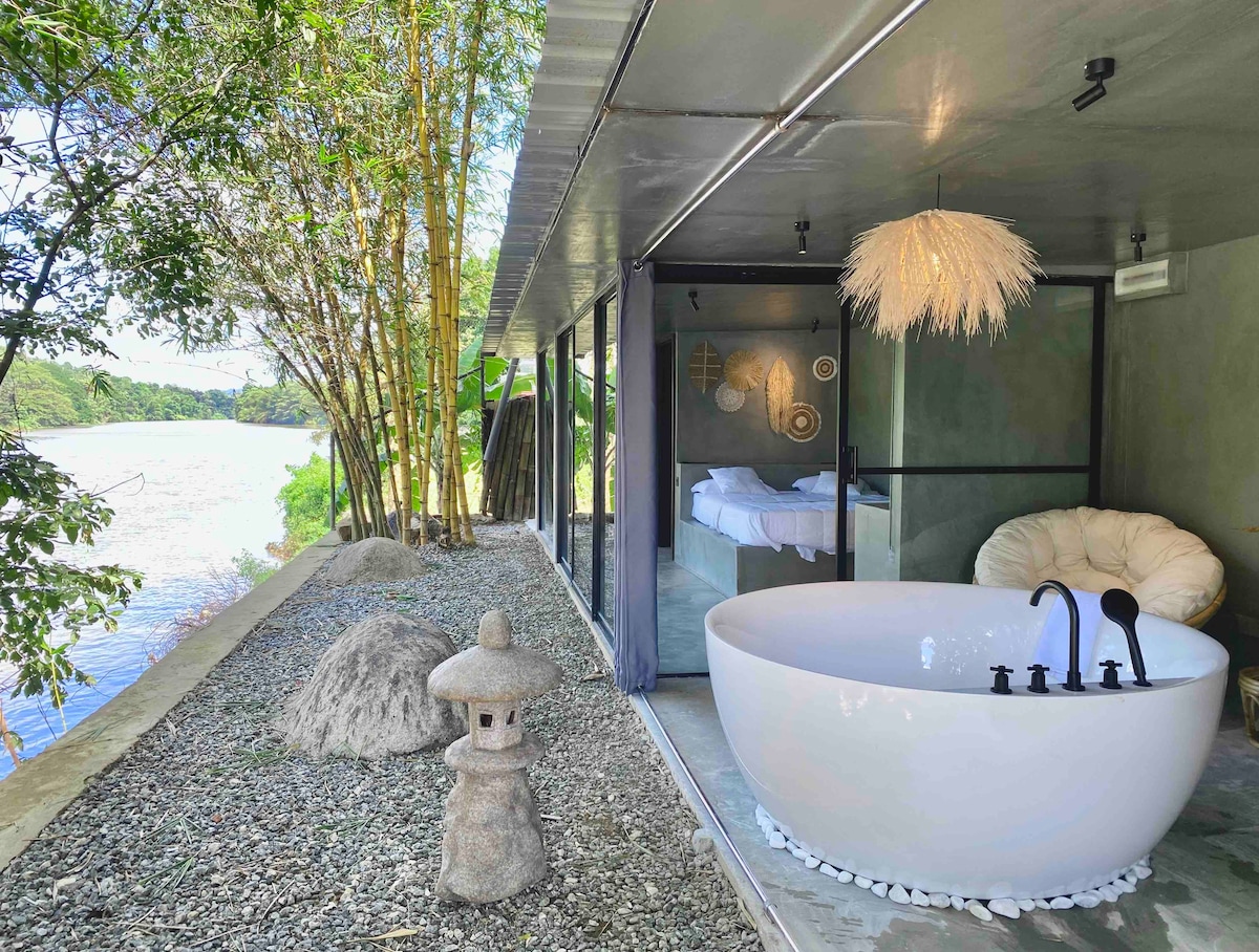 Riverside Wabi-Sabi Oasis: Zen Bathtub Bliss