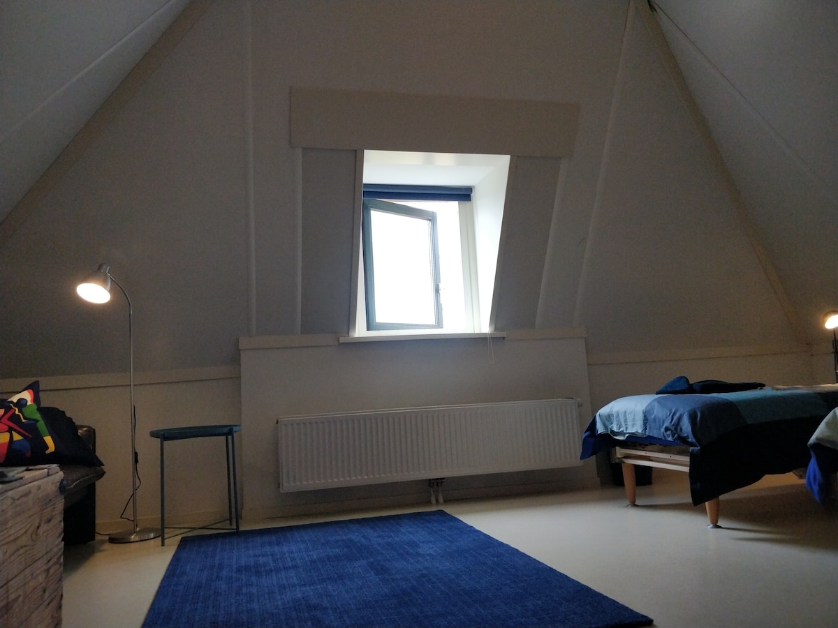 Spacious attic room in mansion on a stylish canal