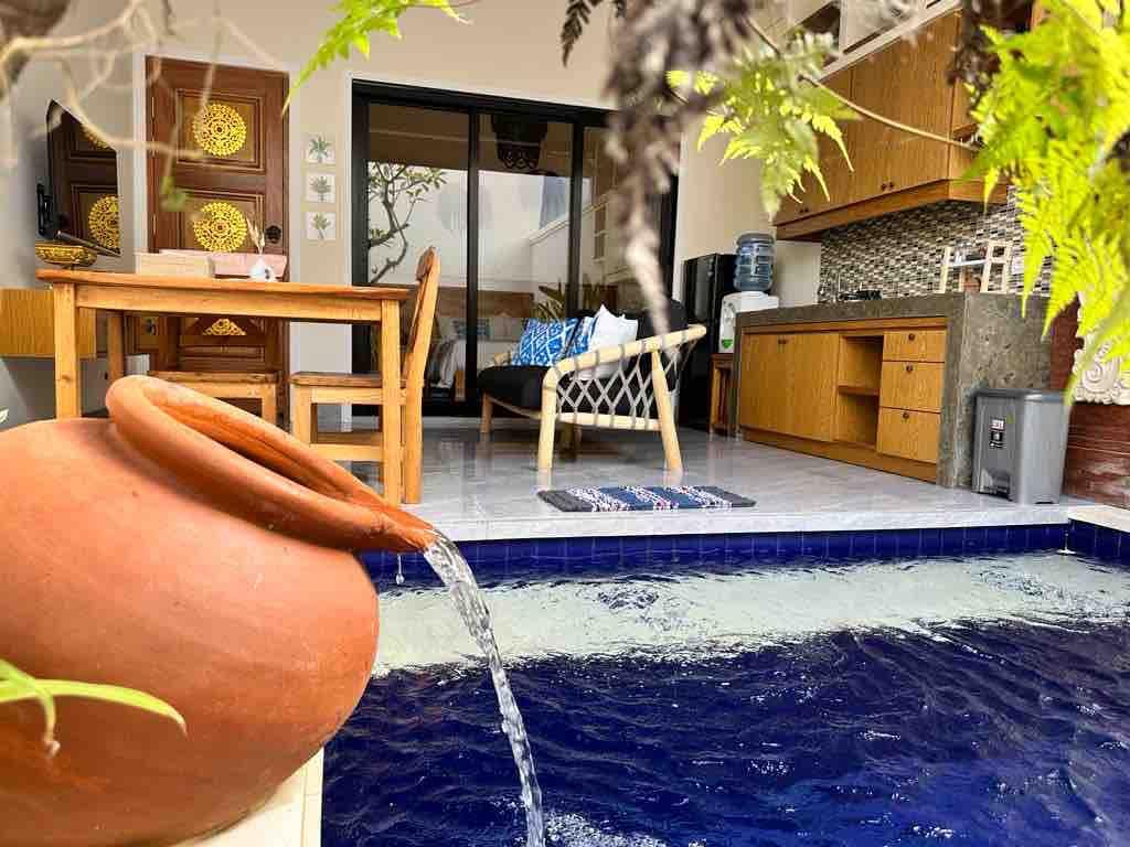 Backyard pool open living in secluded getaway