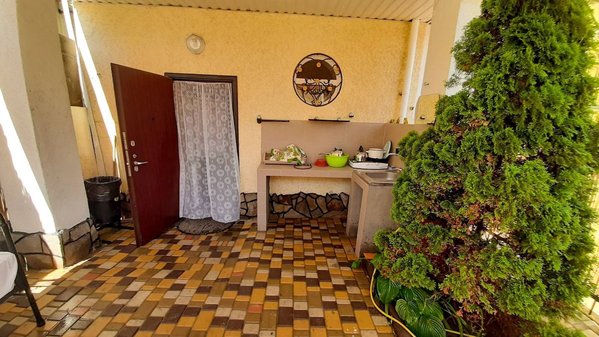 奥斯特罗沃克（ Ostrovok.House ） ，设有两间卧室：自有院子、阳台、厨房