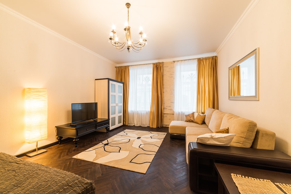 靠近Nevsky的宽敞双人卧室公寓。