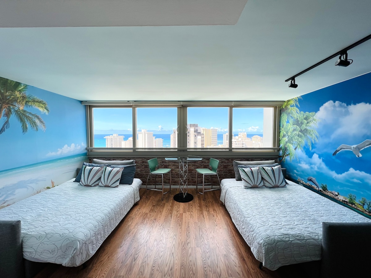 30楼舒适的家庭单间公寓，带阳台和海景