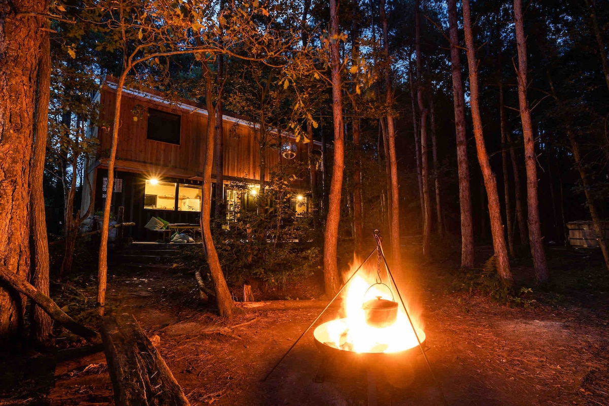 Unique shipping container cabin in private woods