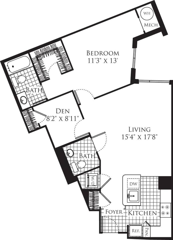 Floorplan diagram for 1 Bedroom with Den 949, showing 1 bedroom