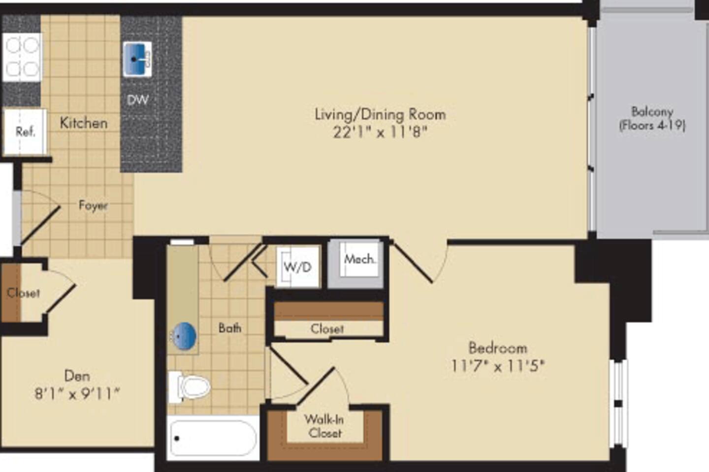 Floorplan diagram for 08 with Den, showing 1 bedroom