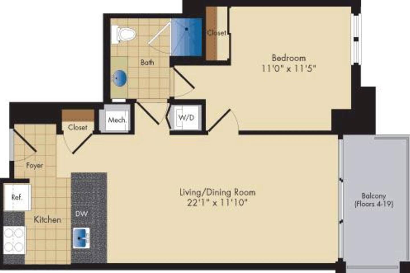 Floorplan diagram for Quincy, showing 1 bedroom