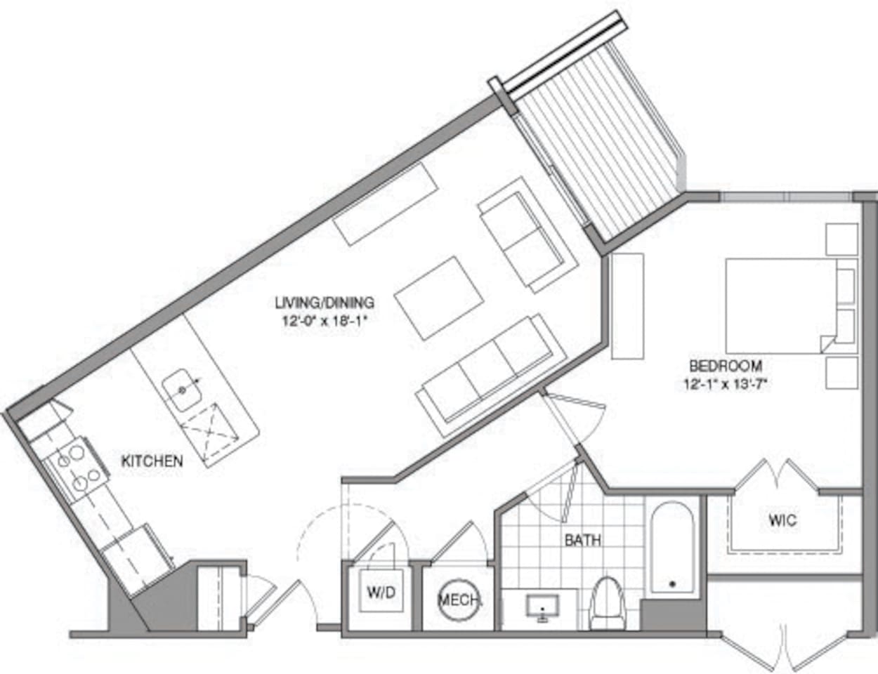 Floorplan diagram for 1 Bdrm E, showing 1 bedroom