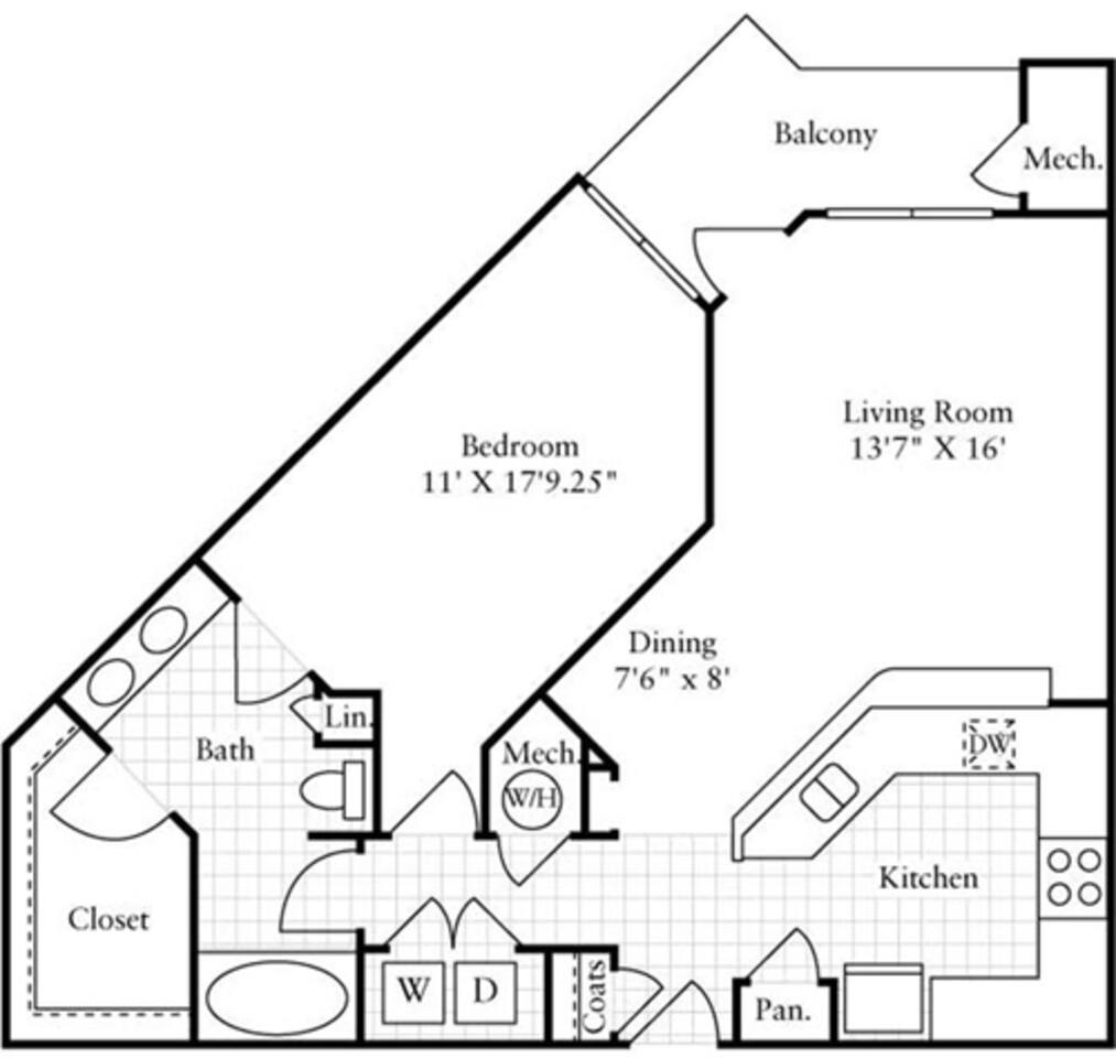 Floorplan diagram for 1 Bedroom E, showing 1 bedroom