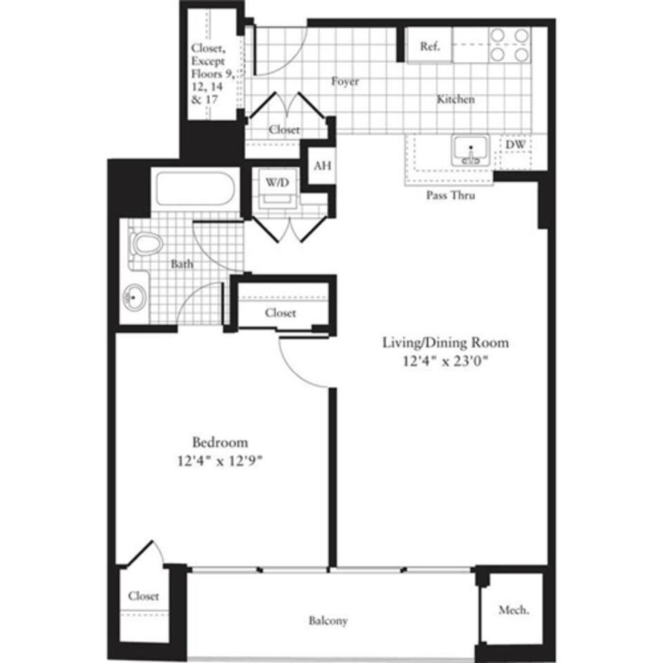 Floorplan diagram for 1 Bedroom E, showing 1 bedroom