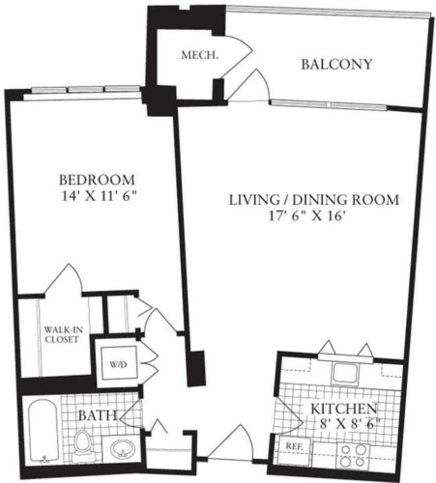 Floorplan diagram for 1 Bedroom E, showing 1 bedroom