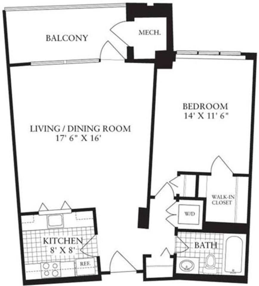 Floorplan diagram for 1 Bedroom F, showing 1 bedroom