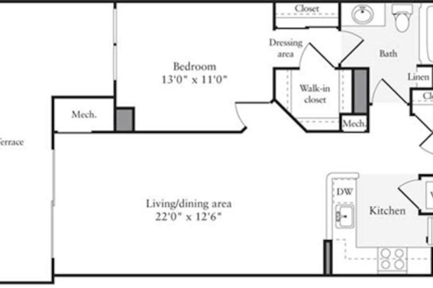 Floorplan diagram for 1 Bedroom H, showing 1 bedroom