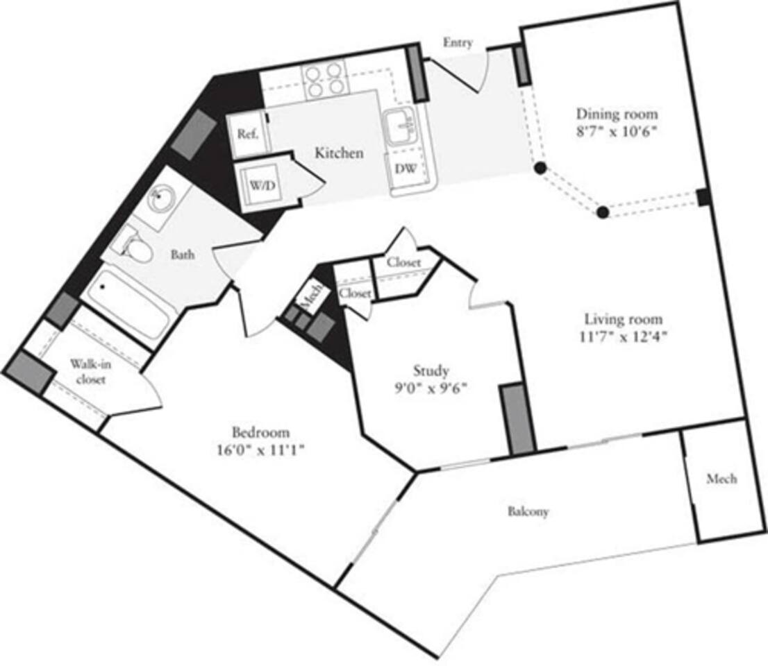 Floorplan diagram for 1 Bedroom J, showing 1 bedroom